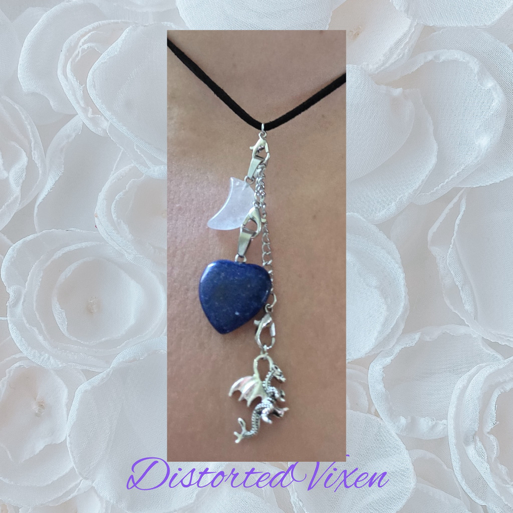 Lapis Heart Necklace with Quartz Moon & Dragon Charm necklace - Picture 4 of 5